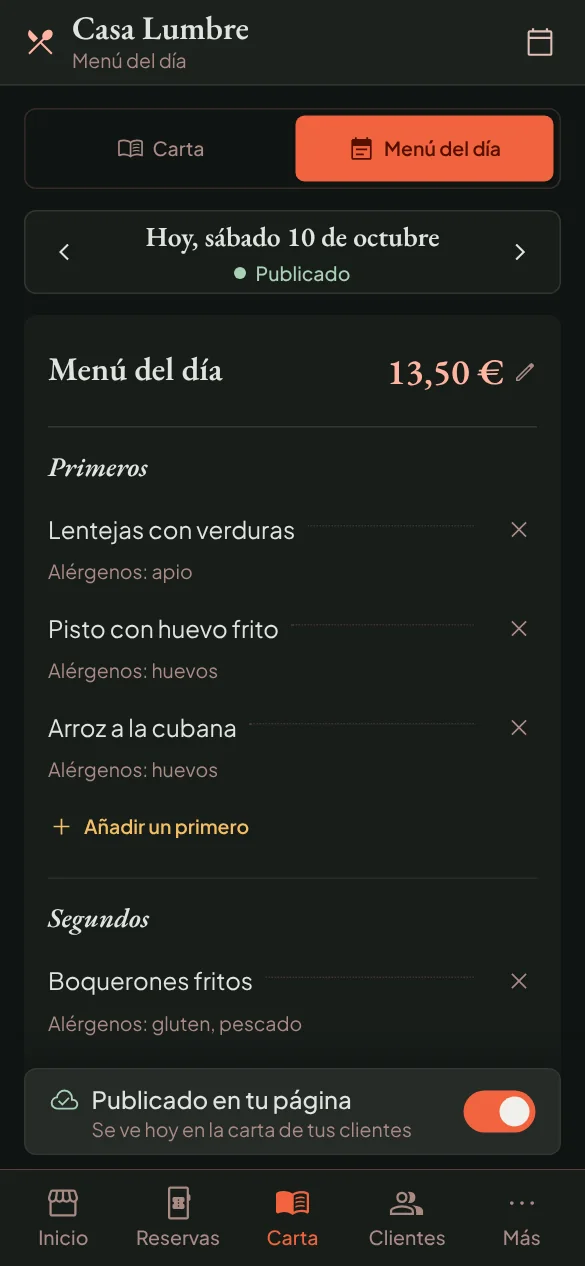 Menú del día con sus primeros, segundos y precio, listo para publicar.